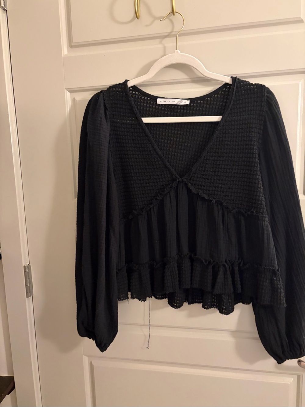 Altar'd State Black V-Neck Textured Tiered Blouse